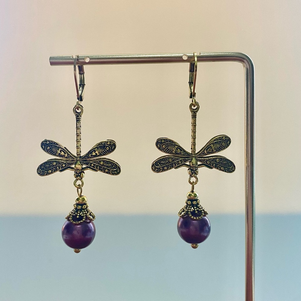 Gold Dragonfly Earrings with Purple Beads